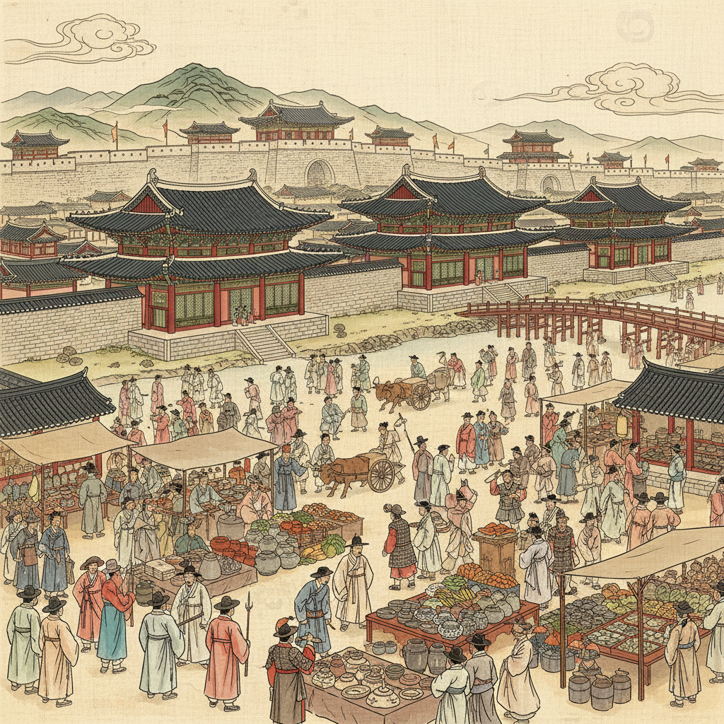 A bustling illustration of Goguryeo's capital city, Pyongyang, during the 7th century. Show grand palaces, lively markets, and people in traditional attire, with fortified walls in the background. Style: artistic rendering, textured background, bright, balanced lighting. Korean appearance. No text.