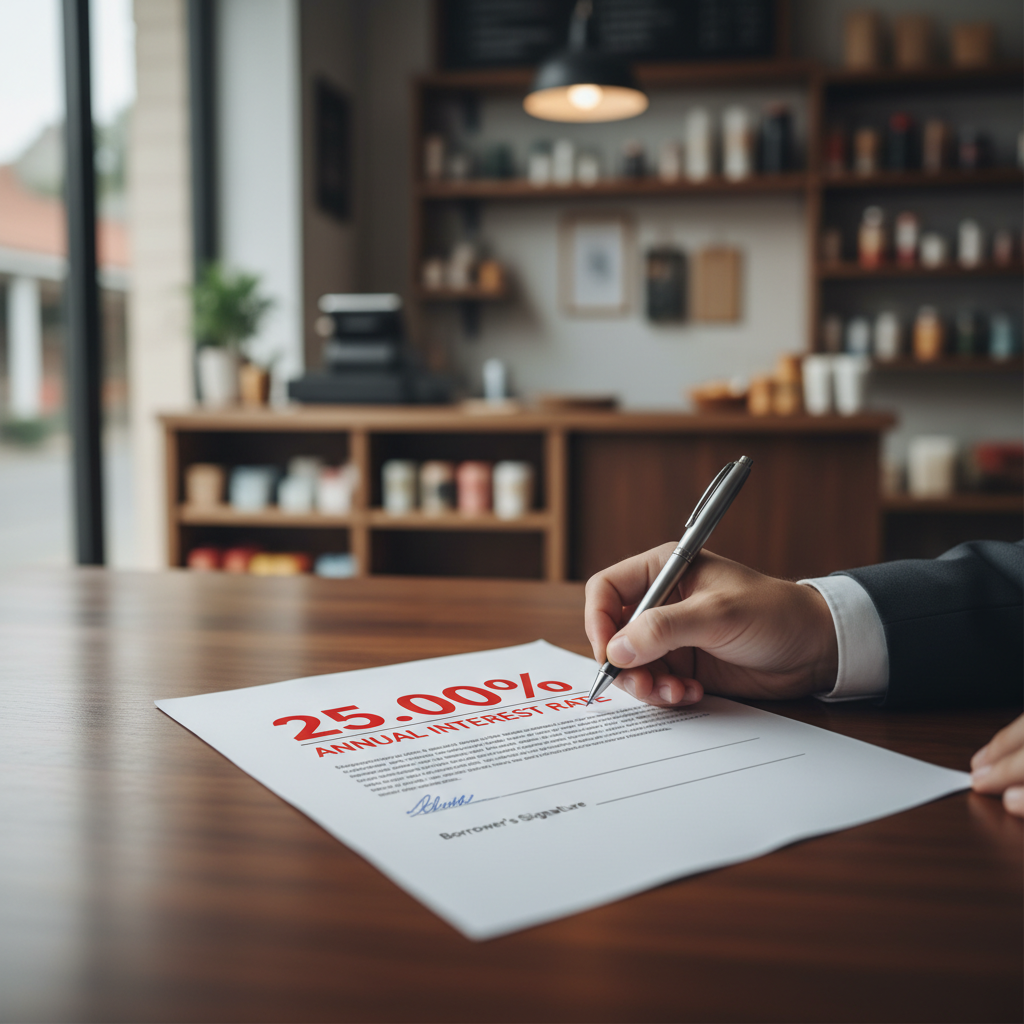 A close-up of a business agreement showing high interest rates, a person signing a document in a professional setting, blurred background of a small shop, clean layout, 1:1