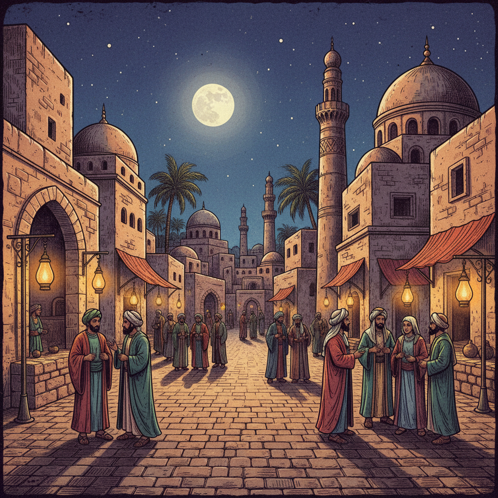 Illustration of a peaceful night scene in an ancient city, people gathering and talking under lamp lights, textured background, no text, warm night ambiance