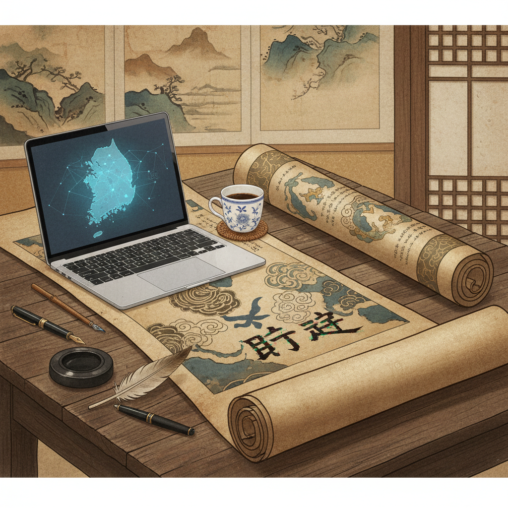 An artistic rendering of an ancient scroll mixed with modern office elements like a laptop and coffee cup, with the Korean characters '飯退' subtly integrated into the design, textured background, no text, Korean style
