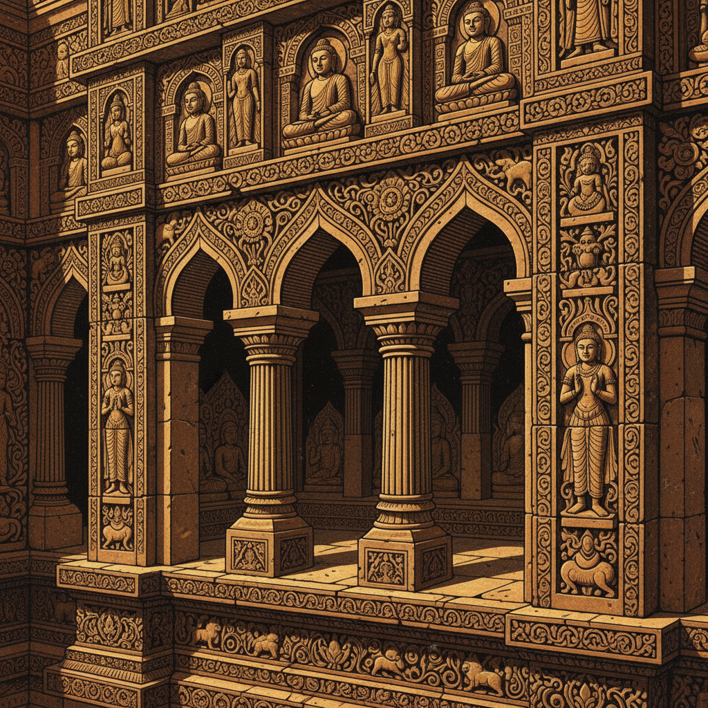 Close up of intricate stone carvings and arched windows of an ancient Buddhist monastery in Gandhara style, high contrast, artistic illustration, warm earthy tones, no text