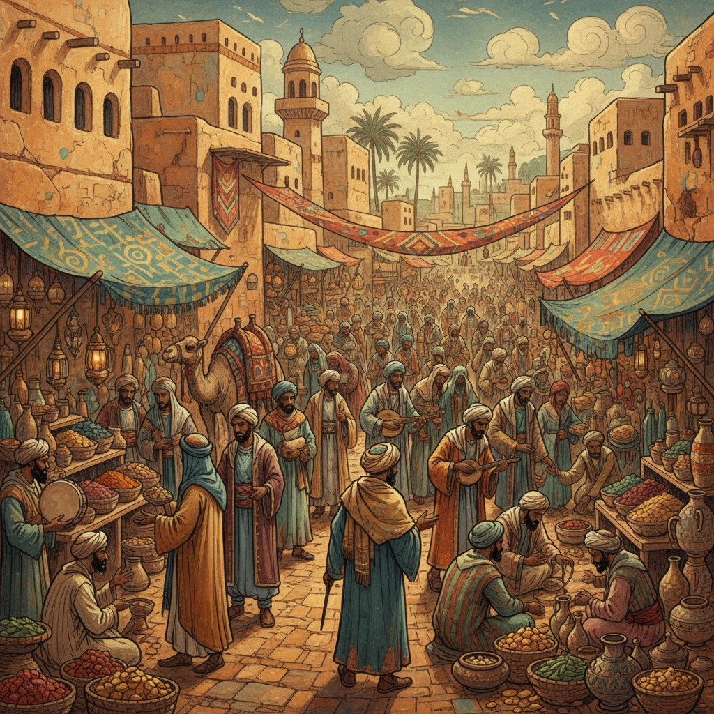 Illustration of a bustling ancient Arabian market scene, traders and merchants, vibrant trade activities, artistic rendering, textured background, no text