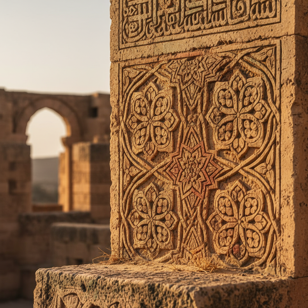 Close up of intricate Islamic architectural details and stone carvings from the Beni Hammad fortress, lifestyle photography style, warm lighting, earthy tones, no text