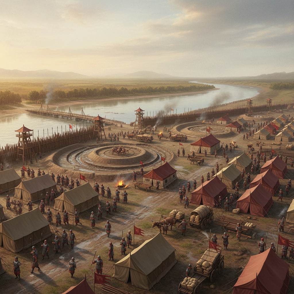 Realistic illustration of ancient Chinese soldiers establishing a military camp by a river or water source, focusing on the well-organized defenses and logistical setup. The atmosphere is strategic and well-prepared. Style: illustration, artistic rendering, textured background. No visible text. Korean appearance. Centered focus.