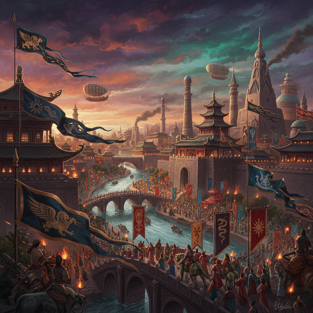 An artistic rendering of a majestic, ancient Chinese capital city, but with subtle hints that it represents an alternate history – perhaps different architectural styles or banners than traditional Han Dynasty. The city is bustling, symbolizing a newly formed or dominant empire. Textured background with vibrant, deep colors. No visible text. Style: illustration, artistic rendering, textured background.