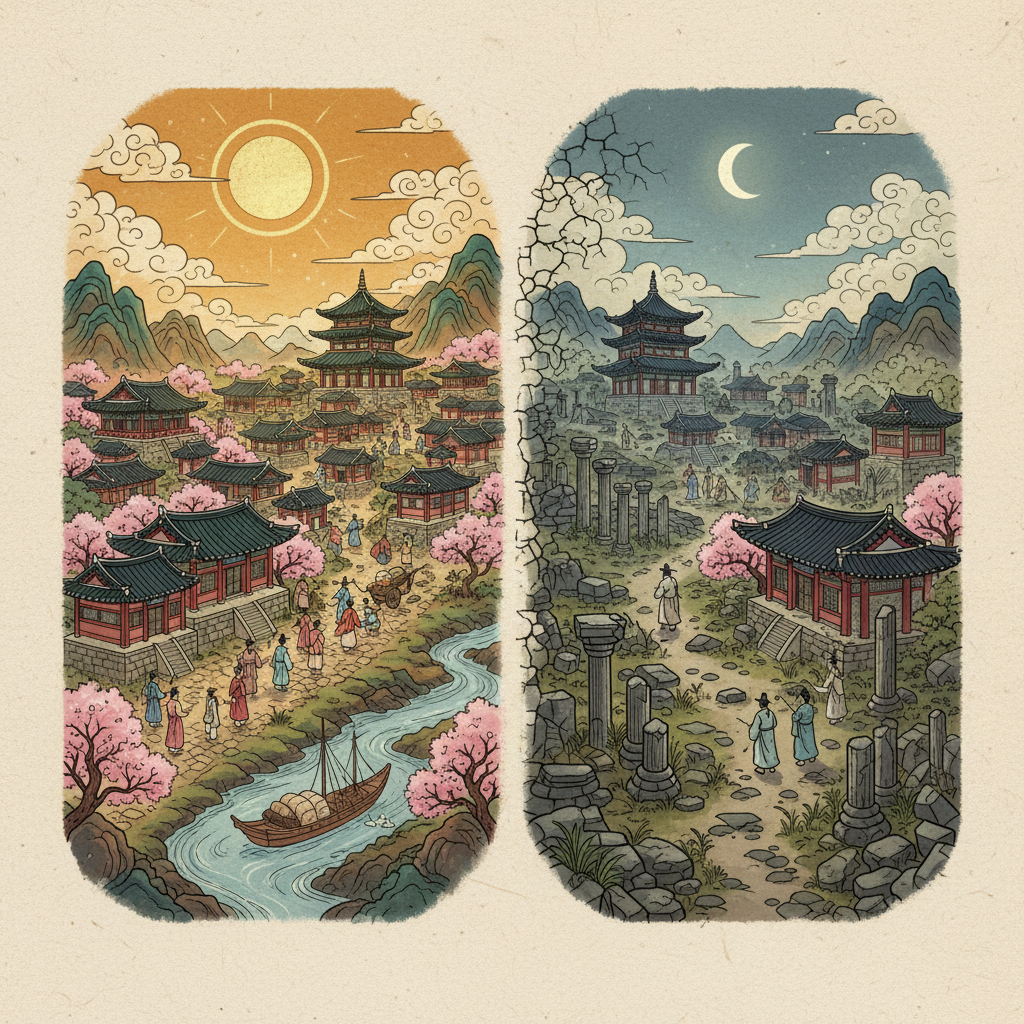 Illustration of an ancient Korean dynasty's rise and fall, showing flourishing cities and later ruins, artistic rendering, textured background, no text, aspect ratio 4:3