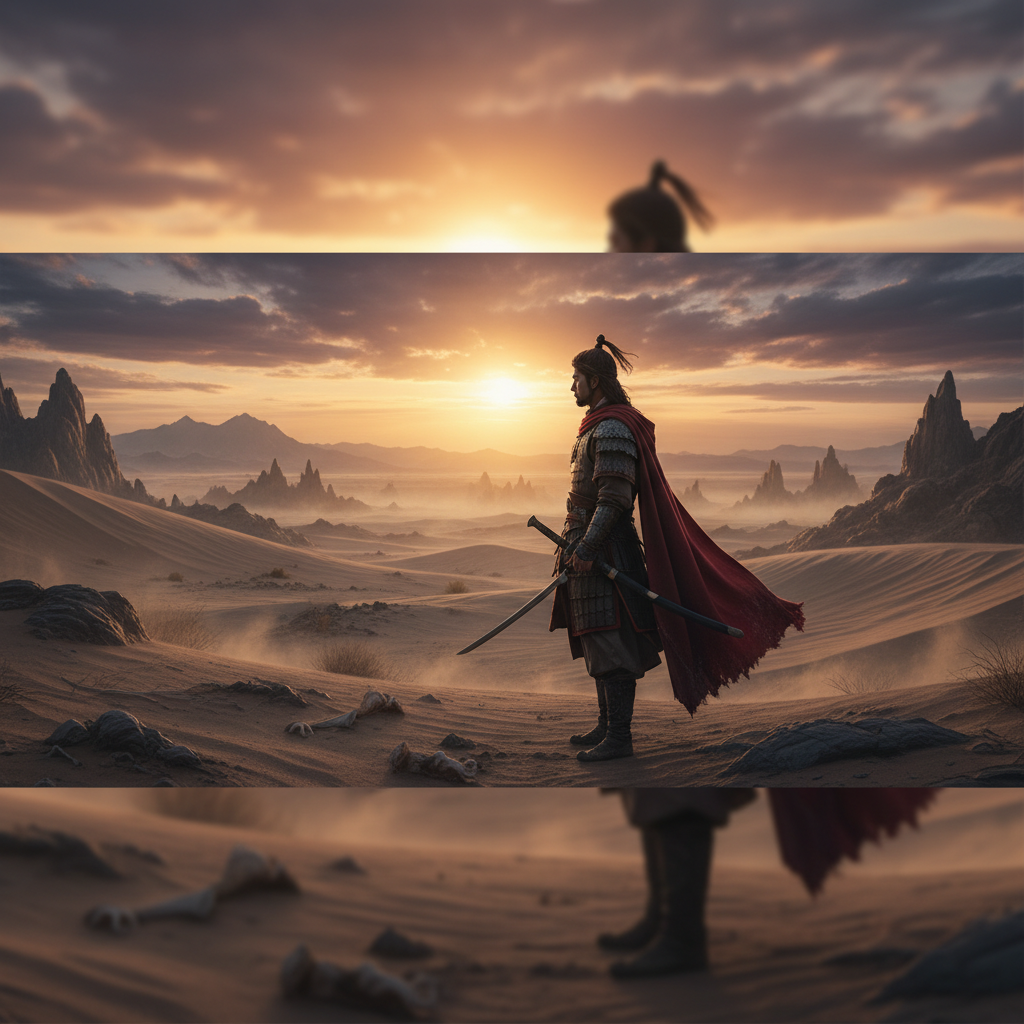 A lone warrior, Korean appearance, standing in a vast, desolate desert landscape, looking out at the horizon, with a sense of profound solitude and contemplation, cinematic lighting, rich textured background, no visible text