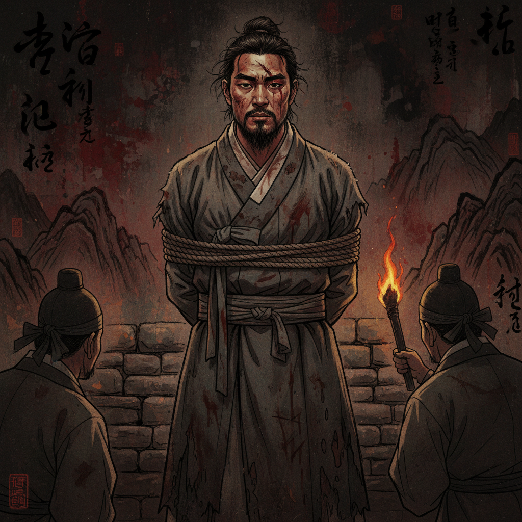 Artistic rendering of Admiral Yi Sun-sin being interrogated or suffering, showing a resilient spirit despite hardship, historical illustration, dark and textured background, no text, Korean appearance