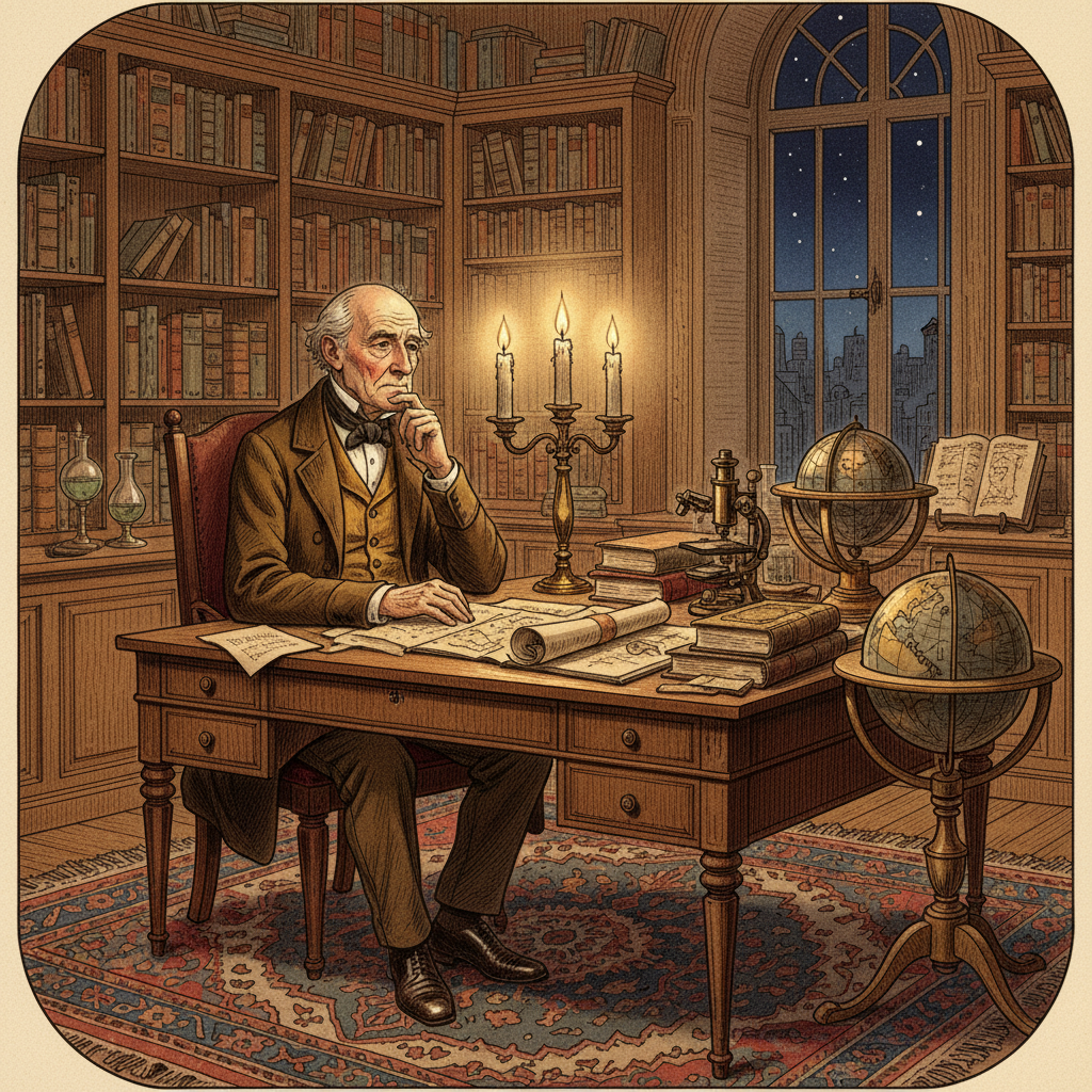 An elderly scientist in 19th-century clothes sitting at a desk with a pensive expression, soft candlelight, rich brown and gold tones, classical illustration, no text