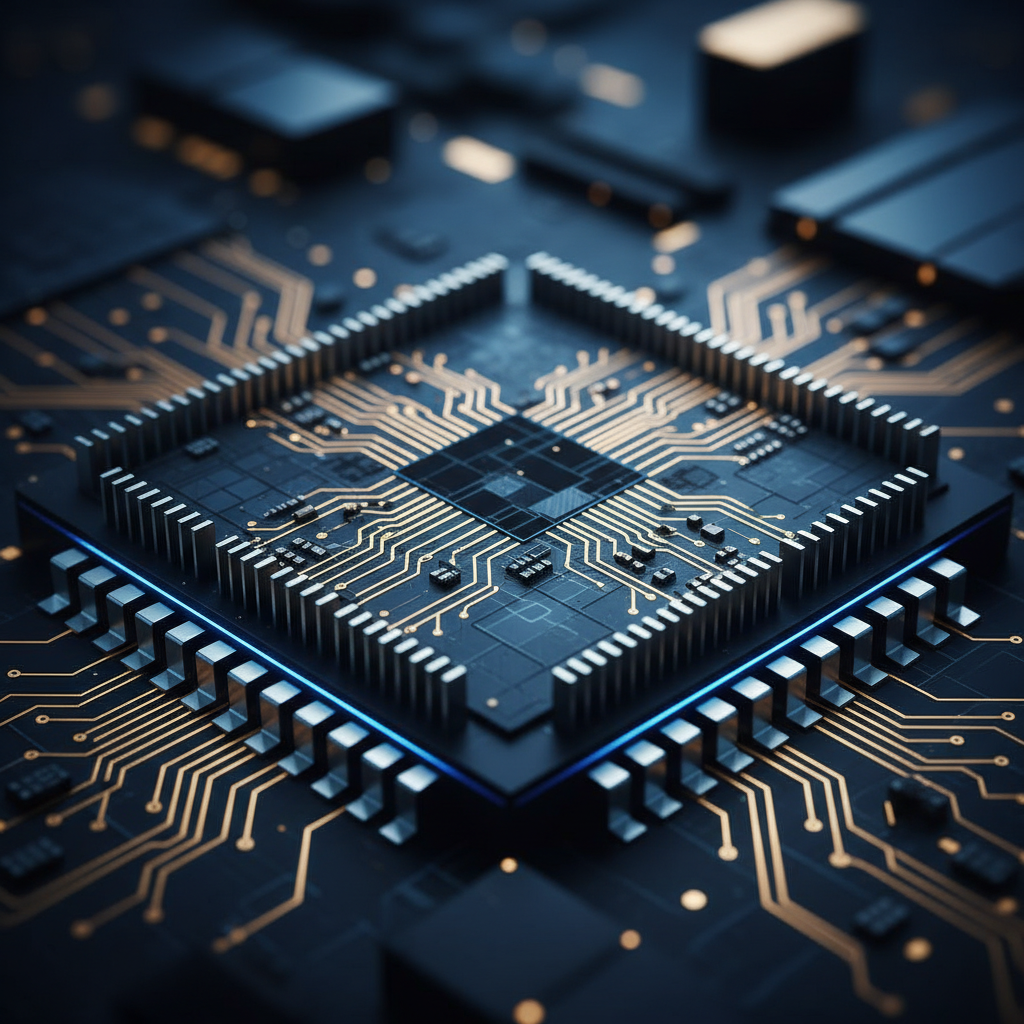 Close up of a high tech AI GPU microchip with glowing circuit lines, futuristic semiconductor technology, dark blue and gold lighting, rich background, no text