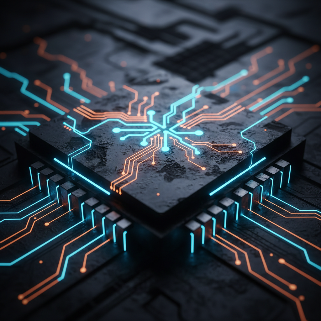 Close up of a futuristic AI semiconductor chip named Trainium, glowing circuits, dark metallic background, rich texture, high contrast, no text