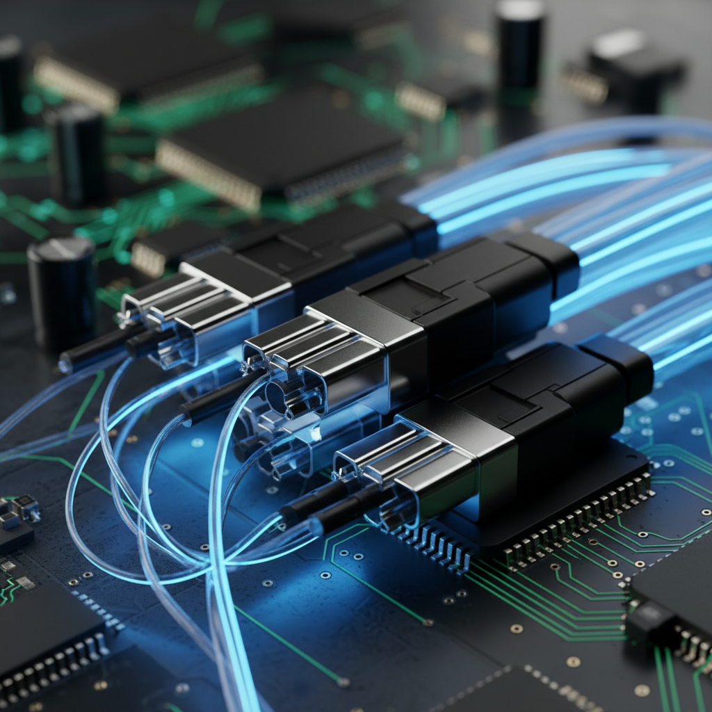 Macro photography of high-tech electronic connectors and fiber optic cables, glowing blue lights, industrial design, complex circuitry background, no text