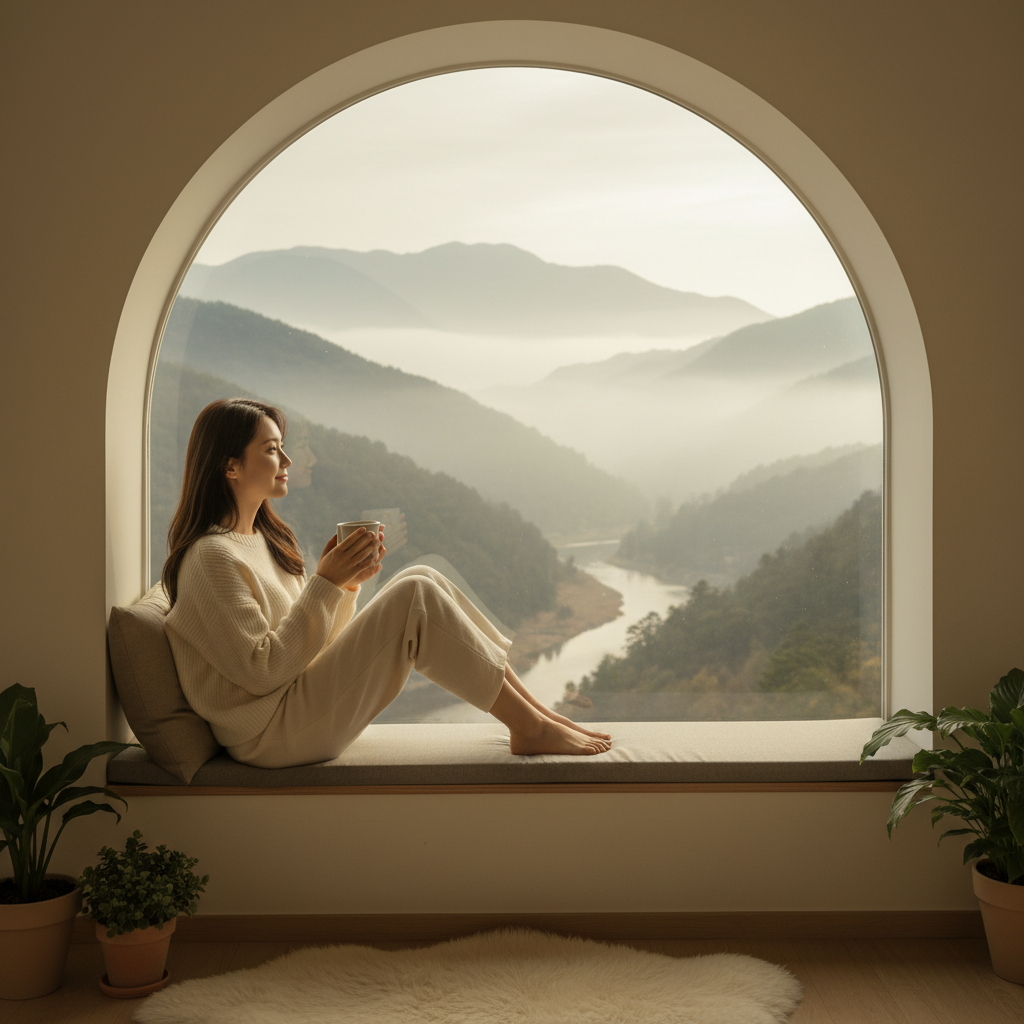 A Korean person relaxing peacefully, perhaps gazing out a window or at a serene natural scene, with a slight, dreamy expression on their face. The background is soft and minimalist, emphasizing tranquility. The lighting is bright and balanced, conveying calm. Style: lifestyle photography, natural setting, warm tones. No visible text.