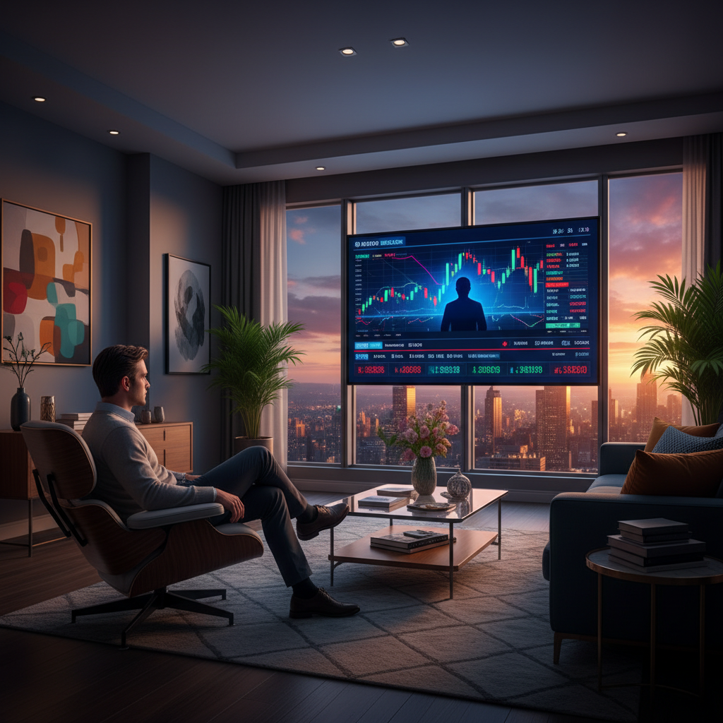 Person watching financial news on a large screen in a stylish living room, high quality photography, vibrant background, no text