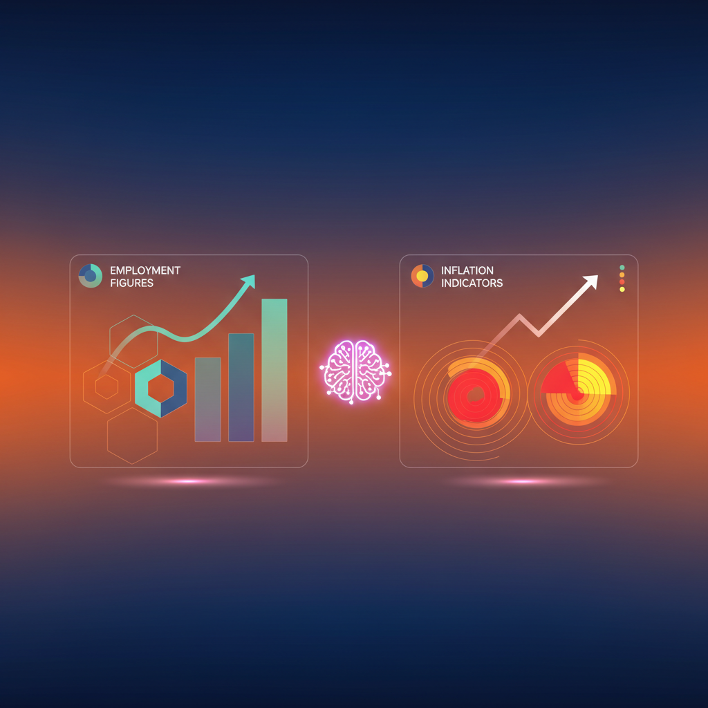 A modern infographic showing abstract representations of employment figures and inflation indicators being analyzed on a digital interface, with a gradient background, high contrast, clean infographic style, no text