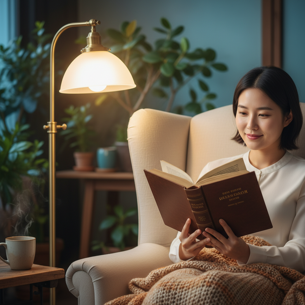 Lifestyle photography of a Korean person (gender neutral) sitting in a cozy armchair, engrossed in reading a classic literature book, with warm lighting from a nearby lamp. Natural setting, soft colored background, no text, 4:3 aspect ratio.