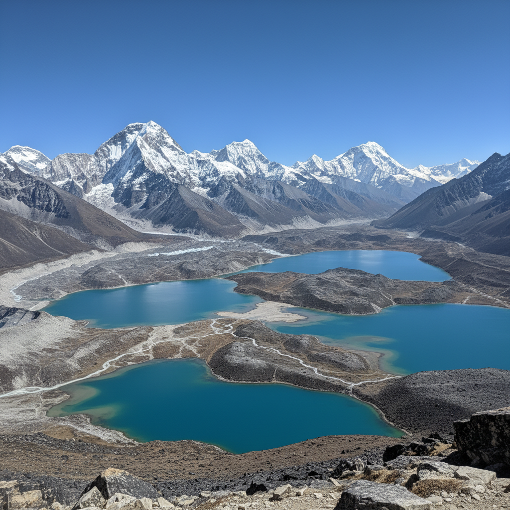 A stunning landscape photograph of the Gokyo Lakes within Sagarmatha National Park, seen from Gokyo Ri, showcasing multiple turquoise lakes surrounded by towering Himalayan peaks, clear sky, natural lighting, rich textured background, no text.