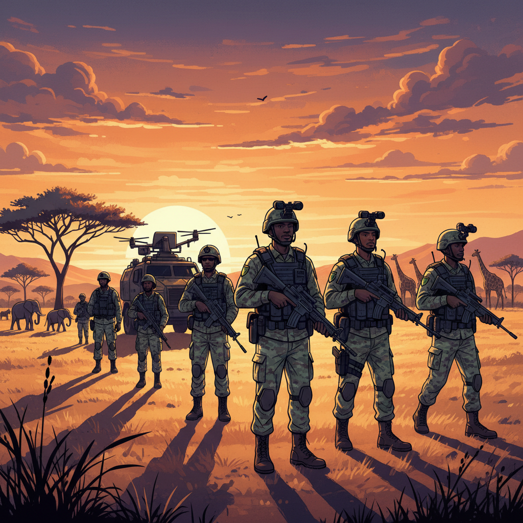 African park rangers patrolling the vast savanna, modern equipment, protective gear, sunset background with warm lighting, heroic and calm atmosphere, high contrast, artistic illustration
