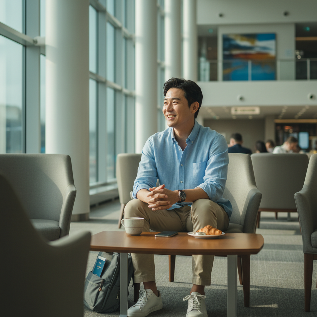 Happy Korean traveler at a modern airport lounge, soft natural light, detailed composition, no text