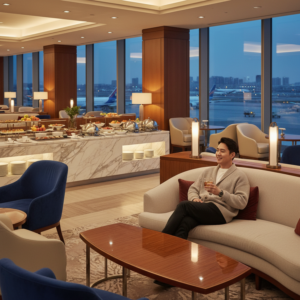 A luxury airport lounge with comfortable seating and a buffet, a Korean traveler relaxing with a drink, warm interior lighting, blurred runway in background, lifestyle photography, no text