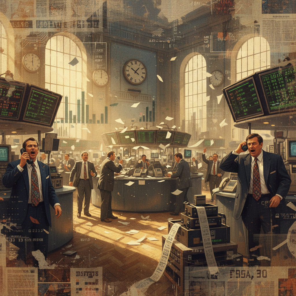 Artistic rendering of a 1990s vintage stock exchange environment, layered textured background, nostalgic atmosphere with financial elements, warm lighting, no text
