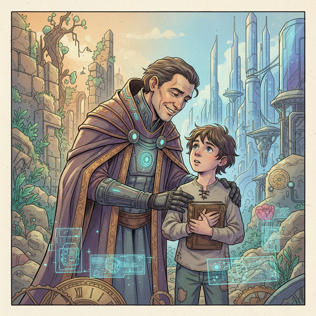 A person from the future giving a wise and encouraging message to their younger self. The younger self looks surprised and attentive. The background is a blend of past and future elements. Style: illustration, artistic rendering, textured background. No text.