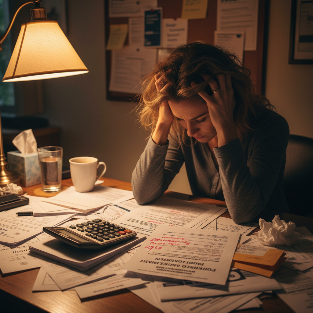 A stressed small business owner sitting at a desk with many bills and a calculator, high-interest loan documents visible, warm office lighting, professional photography, 4:3