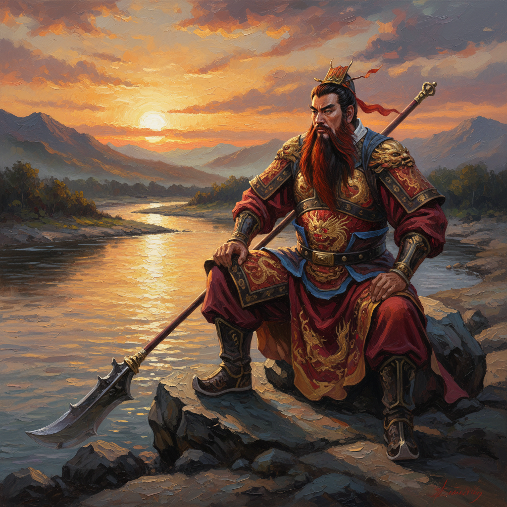 An artistic rendering of Guan Yu in deep thought near a river, traditional Chinese armor, majestic beard, sunset background, textured oil painting style, no text
