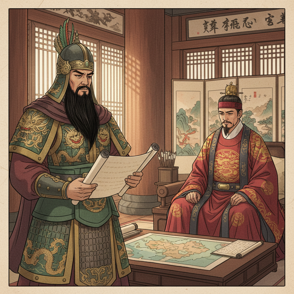 A thought-provoking illustration of Guan Yu, a majestic Korean-looking general with a long beard, contemplating a marriage proposal scroll with Sun Quan, a regal Korean-looking ruler, in an ancient Chinese-style hall. The scene is set with an artistic rendering and textured background, bright and balanced lighting. No text. Emphasize their thoughtful expressions and the weight of the decision. Style: illustration, artistic rendering, textured background