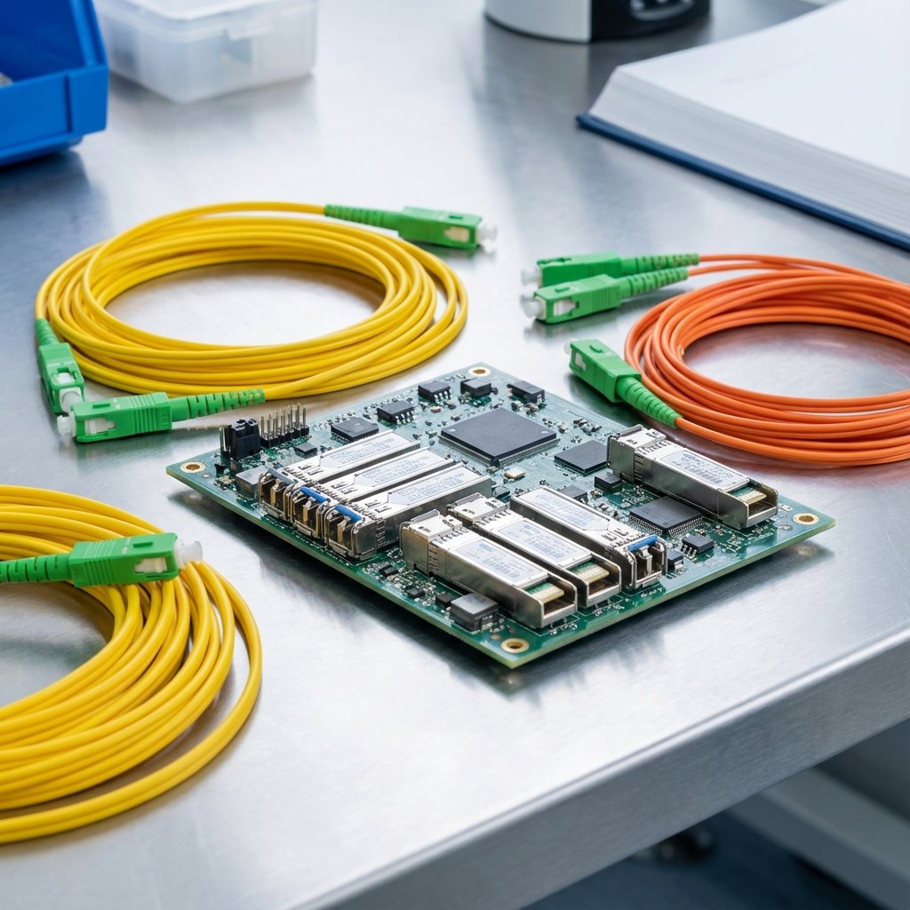 Close up of optical fiber components and laser transceivers used in high speed networking, tech hardware photography, bright balanced lighting, professional setting, no text, 1:1