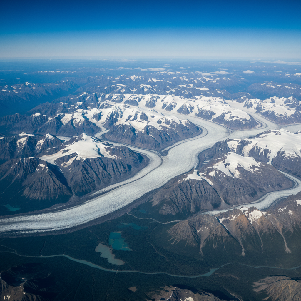 A breathtaking aerial view of vast glaciers and rugged mountain ranges in Kluane National Park, Canada, with a clear blue sky, natural lighting, colored background, no visible text, centered focus, visually rich