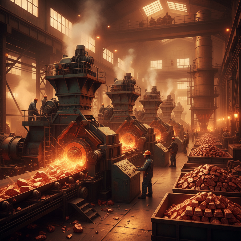 Shiny copper minerals being processed in an industrial facility, warm orange tones, high detail photography, no text