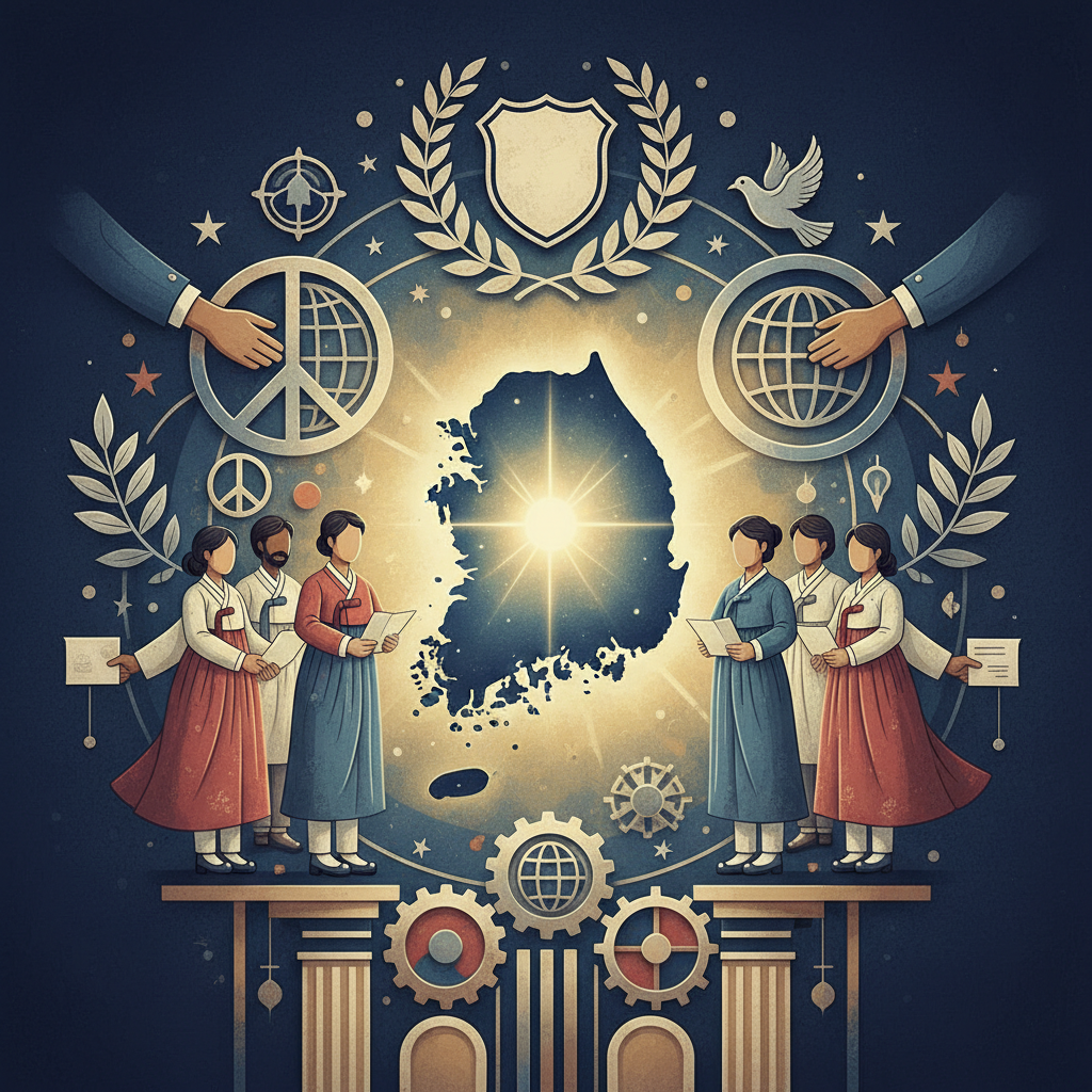 An illustration depicting South Korea as a respected and stable nation on the global stage, surrounded by diplomatic symbols and a sense of trust. Emphasize a strong, positive international image without the stain of a national scandal. Style: illustration, artistic rendering, textured background. No visible text, Korean appearance for minimal symbolic figures if needed, colored background.