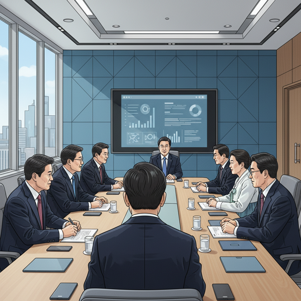 Korean politicians in a formal meeting room discussing policies clean layout realistic illustration professional atmosphere colored background