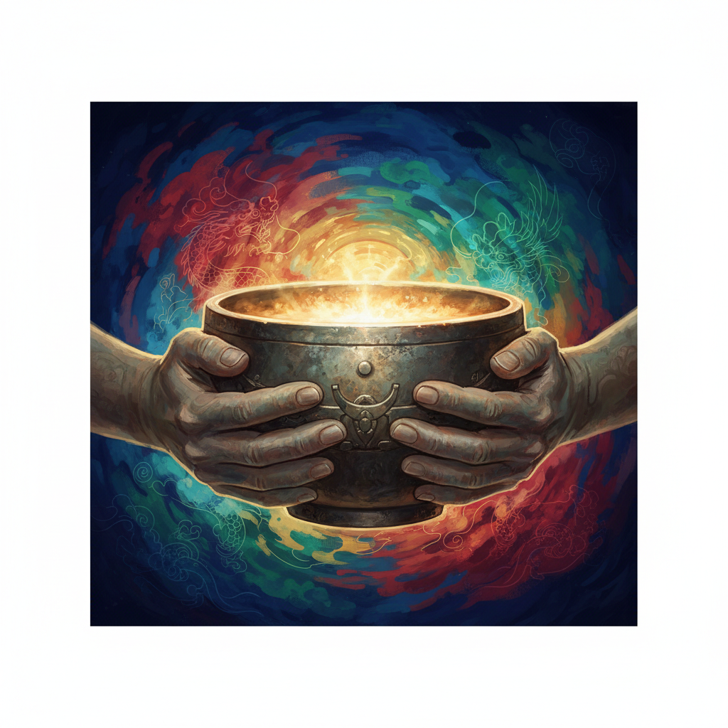 A symbolic image of an ancient Chinese "iron rice bowl" glowing and being held securely by hands, representing stability and government jobs, artistic rendering, deep colored background, no text, aspect_ratio: 1:1
