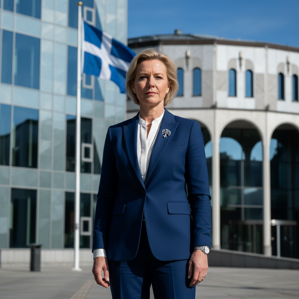 A professional portrait of a Nordic political leader standing in front of a modern government building, realistic photography, natural lighting, high contrast, blue and white tones