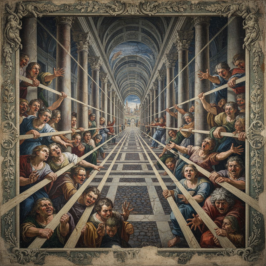 Detailed artistic interpretation focusing on the perspective lines and expressions in a classical mural painting, high contrast, textured background, no text