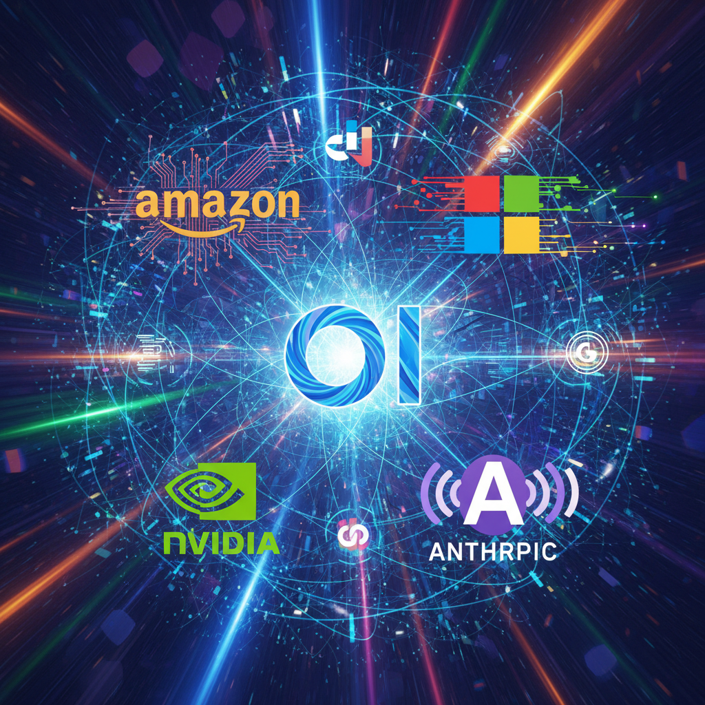 A vibrant and dynamic illustration showing several tech company logos like OpenAI Amazon Microsoft Nvidia and Anthropic in a competitive yet interconnected network, symbolizing the global AI investment race. Textured background with light rays. No visible text. Aspect Ratio 1:1.