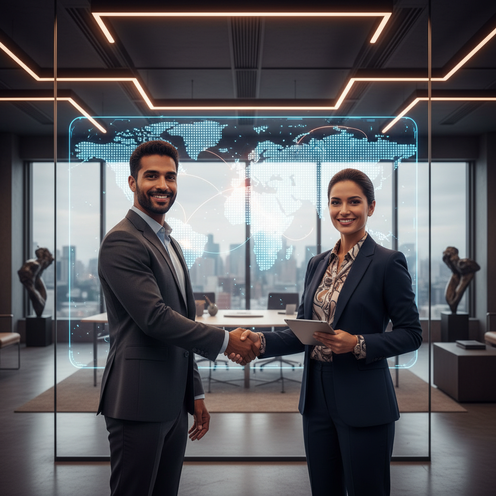 Two business leaders shaking hands in front of a digital world map with glowing connection lines, modern office setting, professional photography, warm and balanced lighting, no text