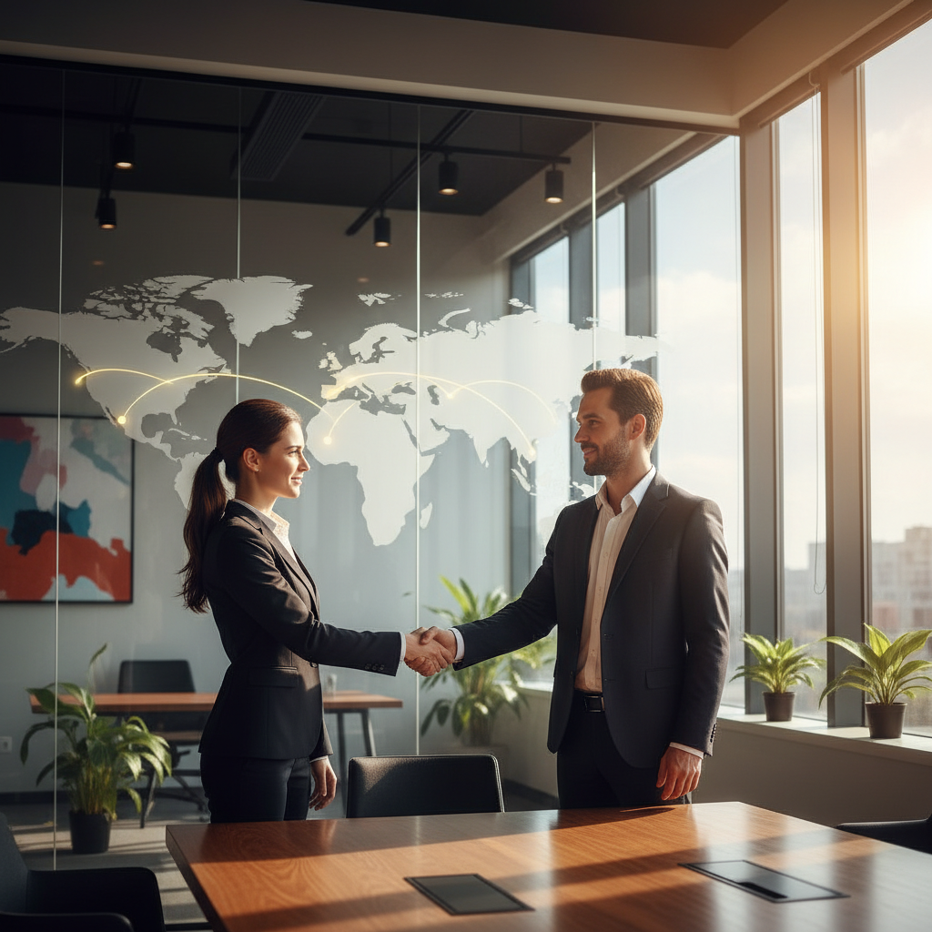 Two professional business people in suits shaking hands in a modern glass office with a world map background, warm sunlight, realistic lifestyle photography, no text