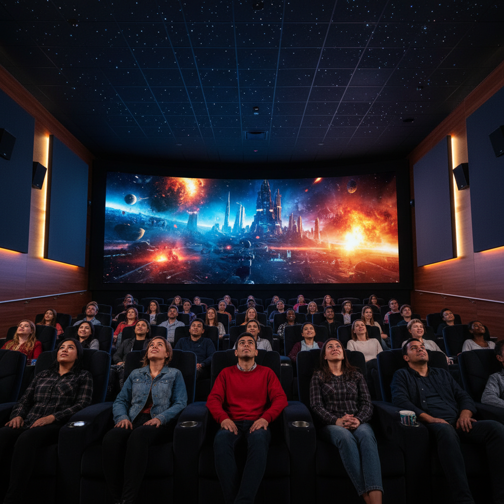 Diverse international audience in a premium cinema watching a breathtaking sci-fi movie, immersive atmosphere, vivid colors on screen reflected on faces, high-end cinema interior, no text