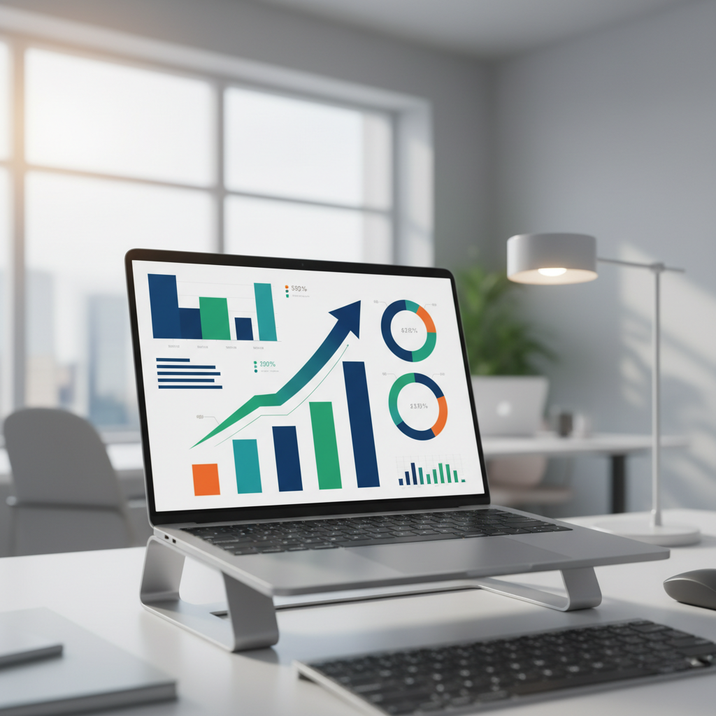 A close up of a laptop screen showing clean and modern financial data in a brightly lit office, high contrast layout, professional setting, no text