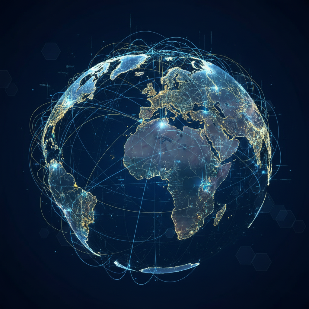 A conceptual illustration of global financial networks and connectivity, glowing lines on a dark blue background, professional and high-tech atmosphere, no text