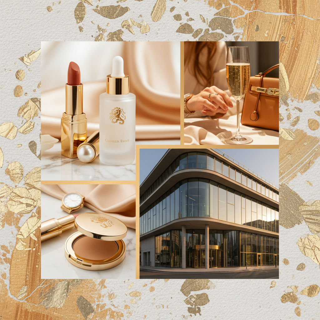 A collage representing luxury cosmetics and a modern European bank building, stylish lifestyle photography, warm tones, textured background, no text
