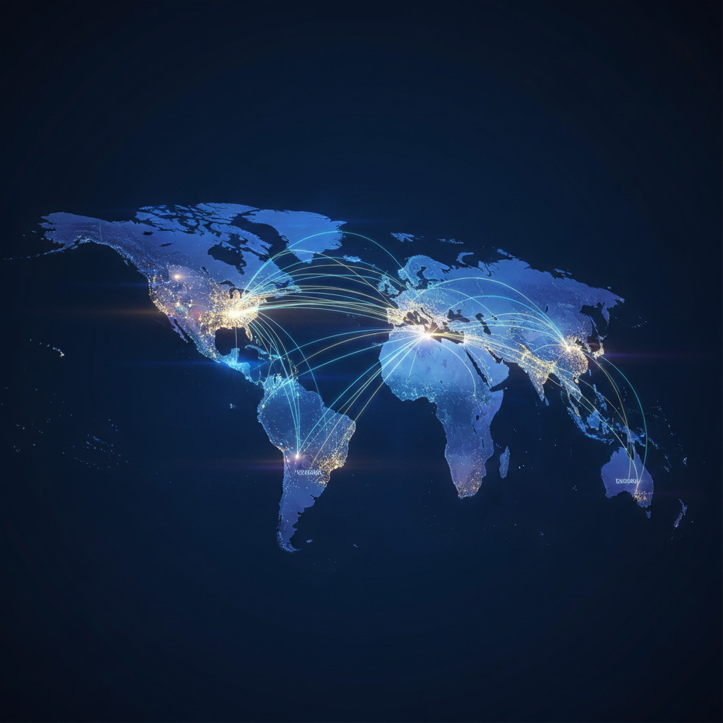 A digital map of the world with glowing light trails connecting major tech hubs, focusing on North America, sophisticated infographic style with dark blue background, cinematic lighting, no text