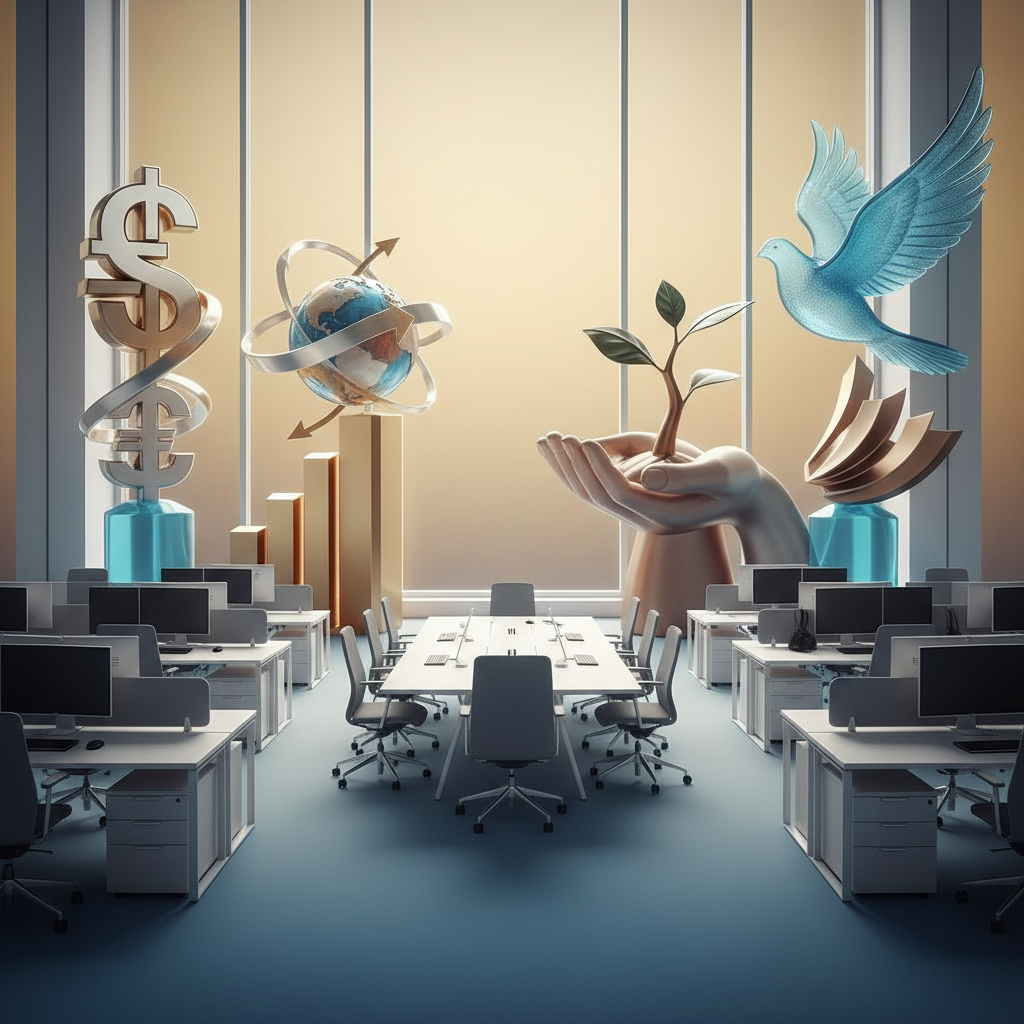 A modern office setting with symbols of global finance and philanthropy, professional and clean atmosphere, gradient background with blue and gold tones, no text