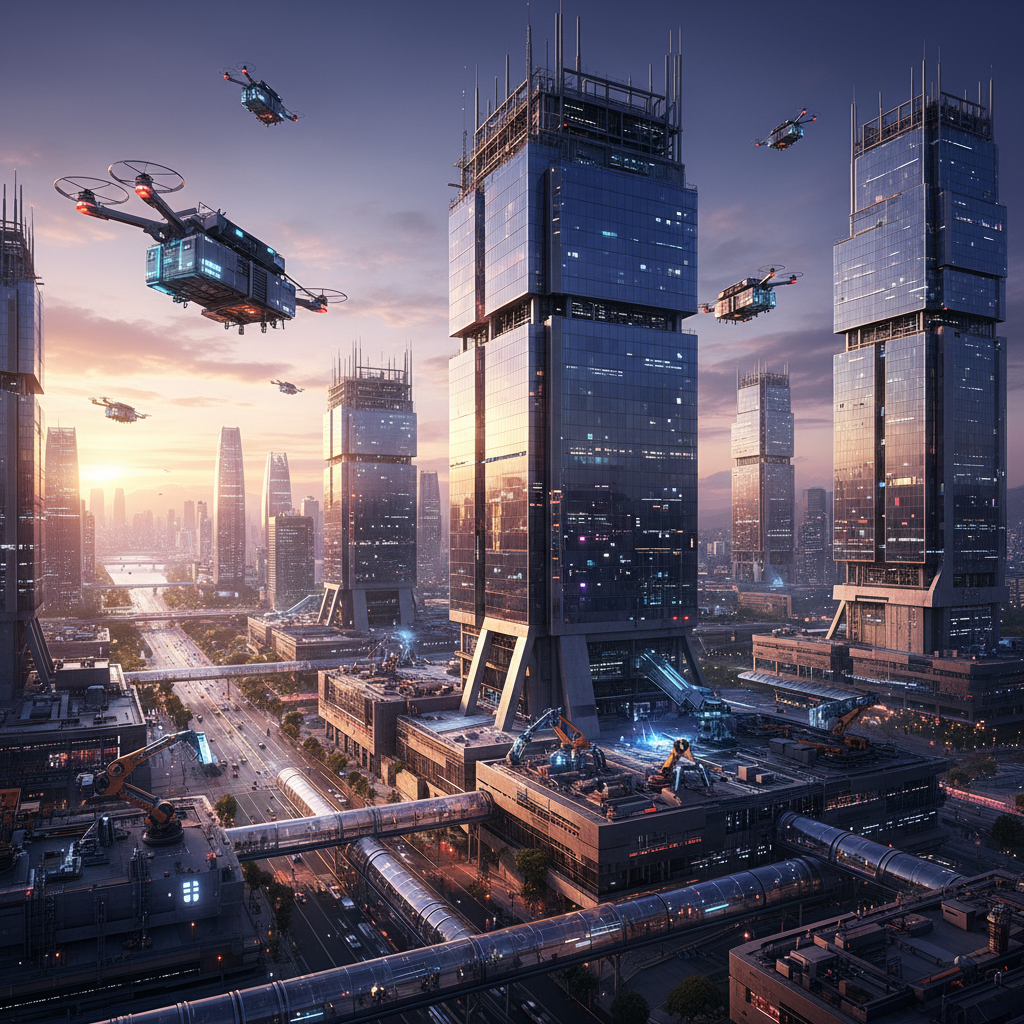 A futuristic construction site of a massive data center in a modern Korean city at dusk, warm sunset lighting, rich details, no text