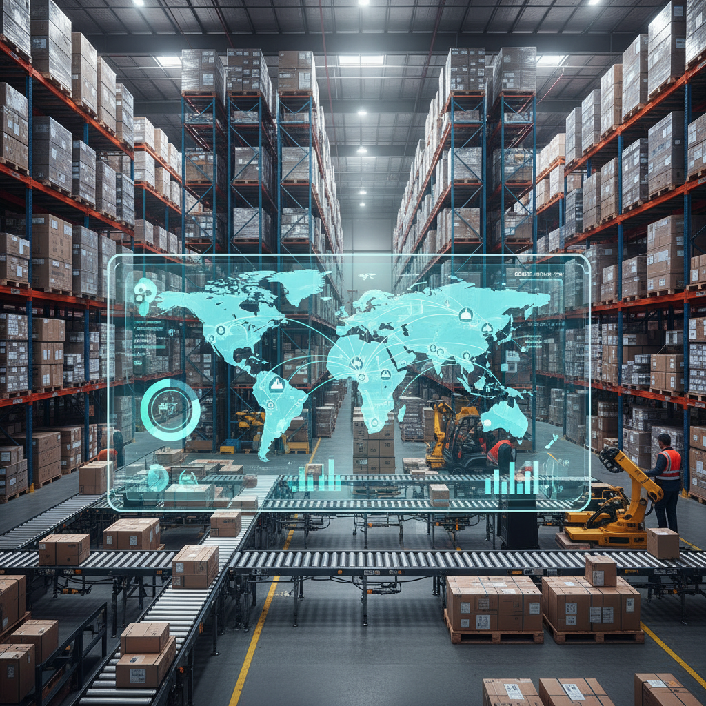 Realistic depiction of a logistics warehouse with digital screens showing global trade routes, clean infographic style, rich background, balanced lighting, no text