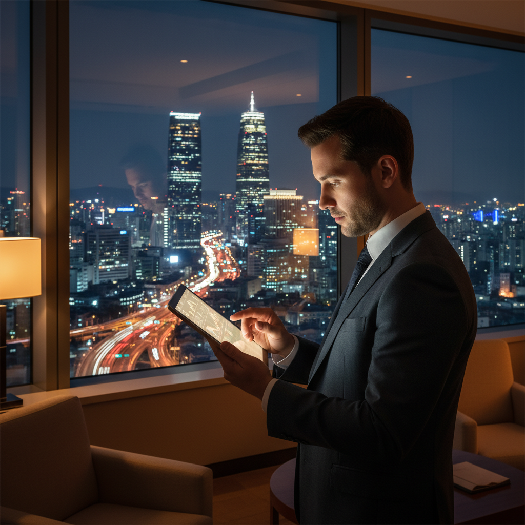 A modern business professional looking at a digital stock market display on a tablet, Seoul city night view background through a window, warm lighting, lifestyle photography, no text