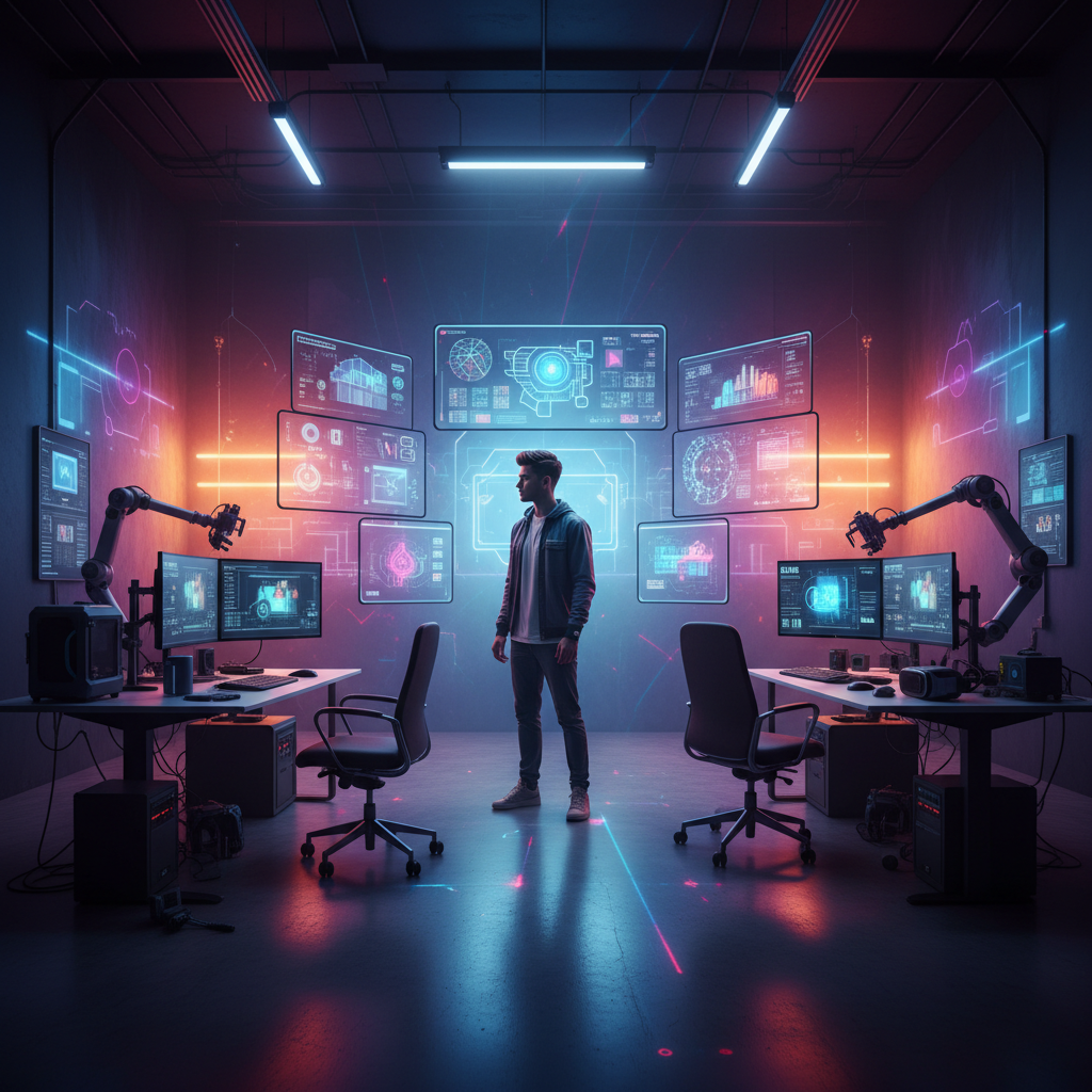 A creative studio workspace with high-tech equipment, cinematic lighting, vibrant atmosphere, young professional looking at digital content boards, colorful gradient background, no text